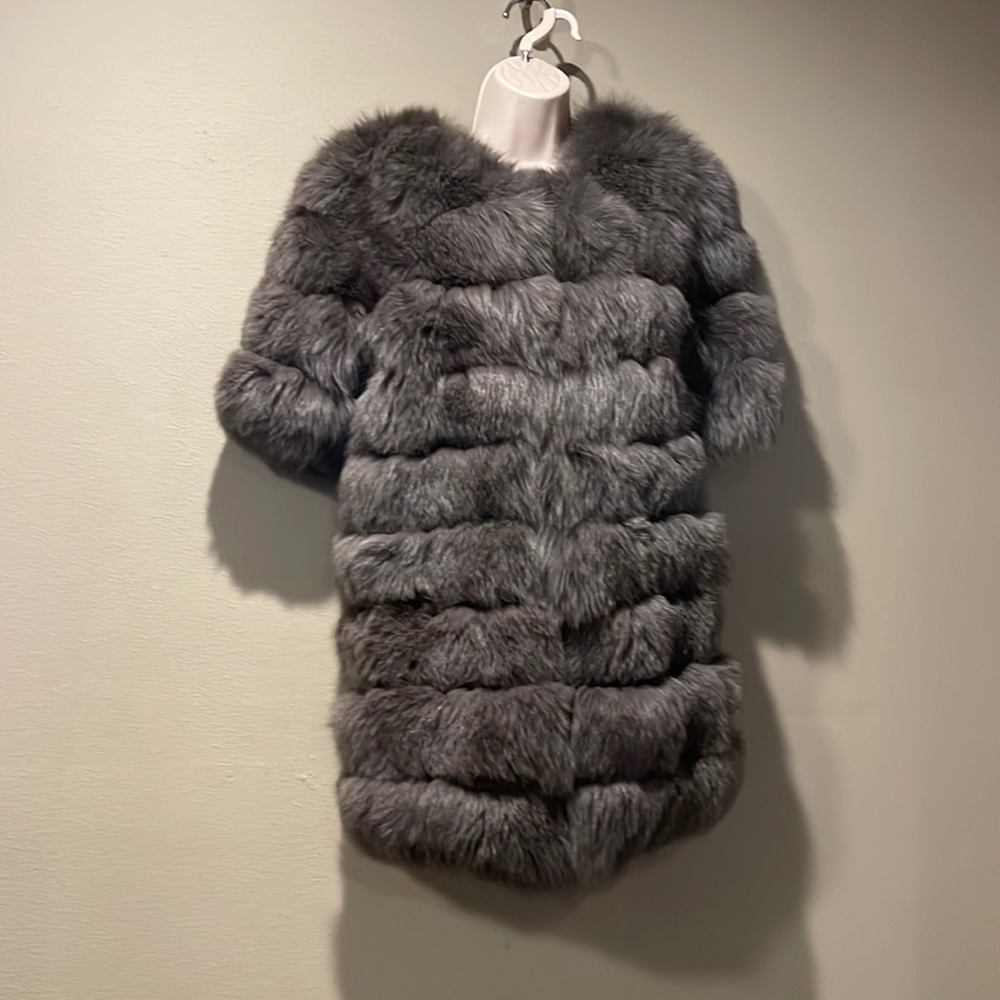 Custom Grey Cashmere Blend Fur Short Sleeved Coat, M
